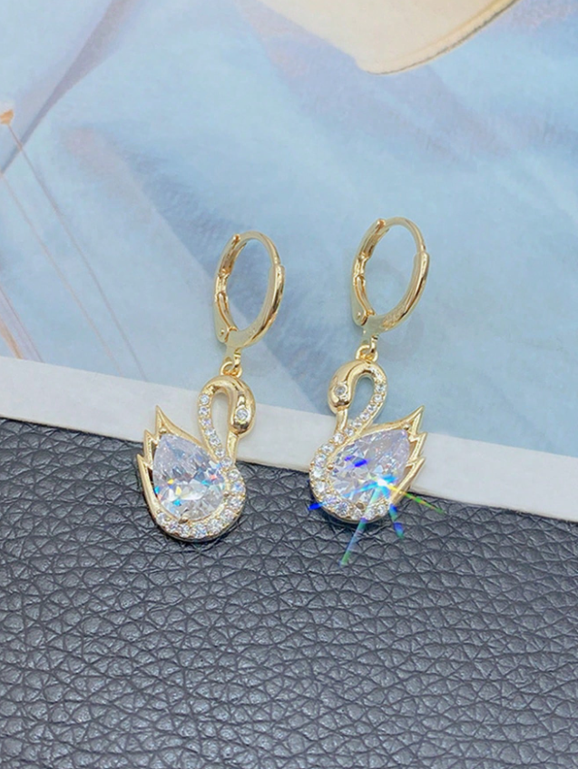1 Pair Rhinestone Swan Design Earrings for Women, Korean Style, Unique Personalized Elegant Luxury Earrings