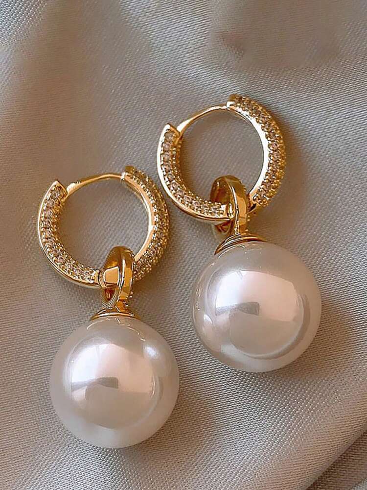 1 Pair Zirconia Pearl Stud Earrings – Elegant Micro-Inlaid Copper Jewelry for Women’s Daily Wear & Dates
