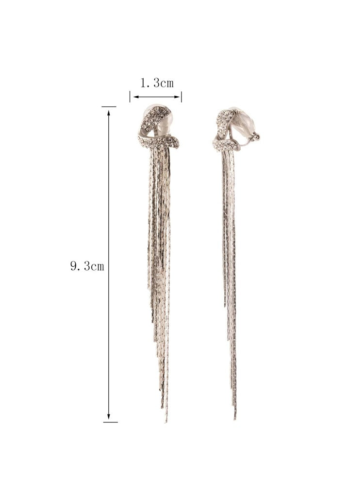 Silver Long Tassel & Rhinestone Clip-On Earrings – Elegant Non-Pierced Jewelry for Women’s Gift