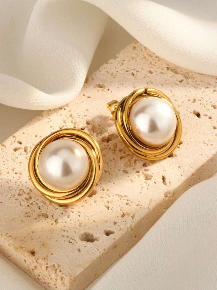 Set of 2 Vintage Pearl Inlay Earrings – 18K Gold-Plated Stainless Steel Jewelry for Weddings & Banquets