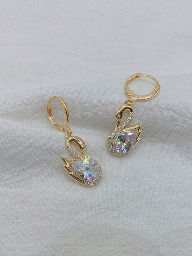 1 Pair Rhinestone Swan Design Earrings for Women, Korean Style, Unique Personalized Elegant Luxury Earrings