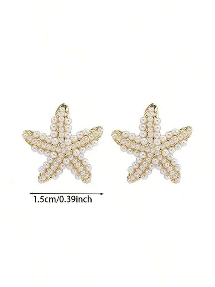 1 Pair Starfish Faux Pearl Stud Earrings – Women's Seaside Beach Style Jewelry, Perfect For Travel Outfits