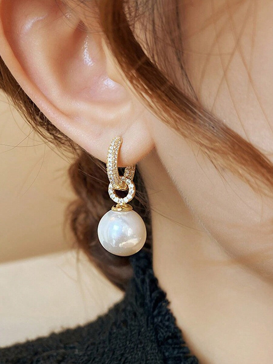 1 Pair Zirconia Pearl Stud Earrings – Elegant Micro-Inlaid Copper Jewelry for Women’s Daily Wear & Dates