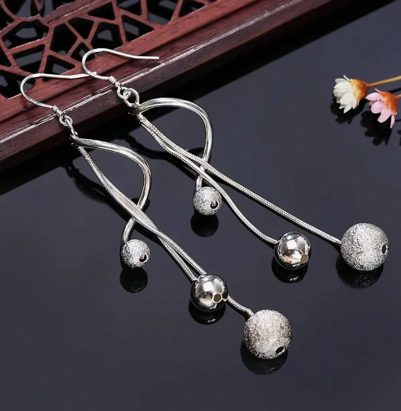 Hot 925 Sterling Silver Tassel Beads Earrings for Women, Fashion Party Long Earrings, Wedding & Gift Jewelry