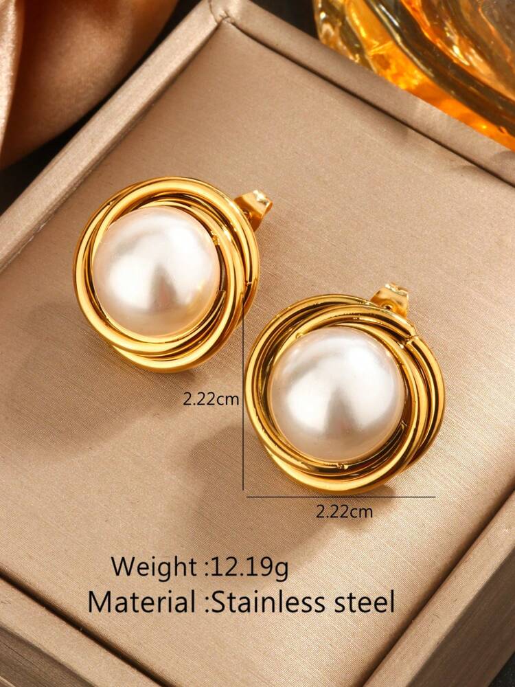 Set of 2 Vintage Pearl Inlay Earrings – 18K Gold-Plated Stainless Steel Jewelry for Weddings & Banquets