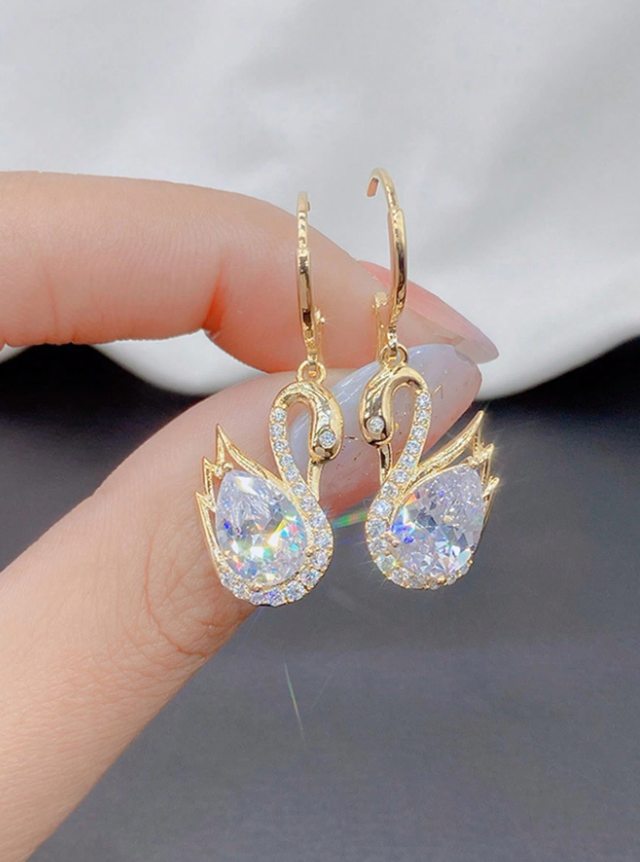 1 Pair Rhinestone Swan Design Earrings for Women, Korean Style, Unique Personalized Elegant Luxury Earrings