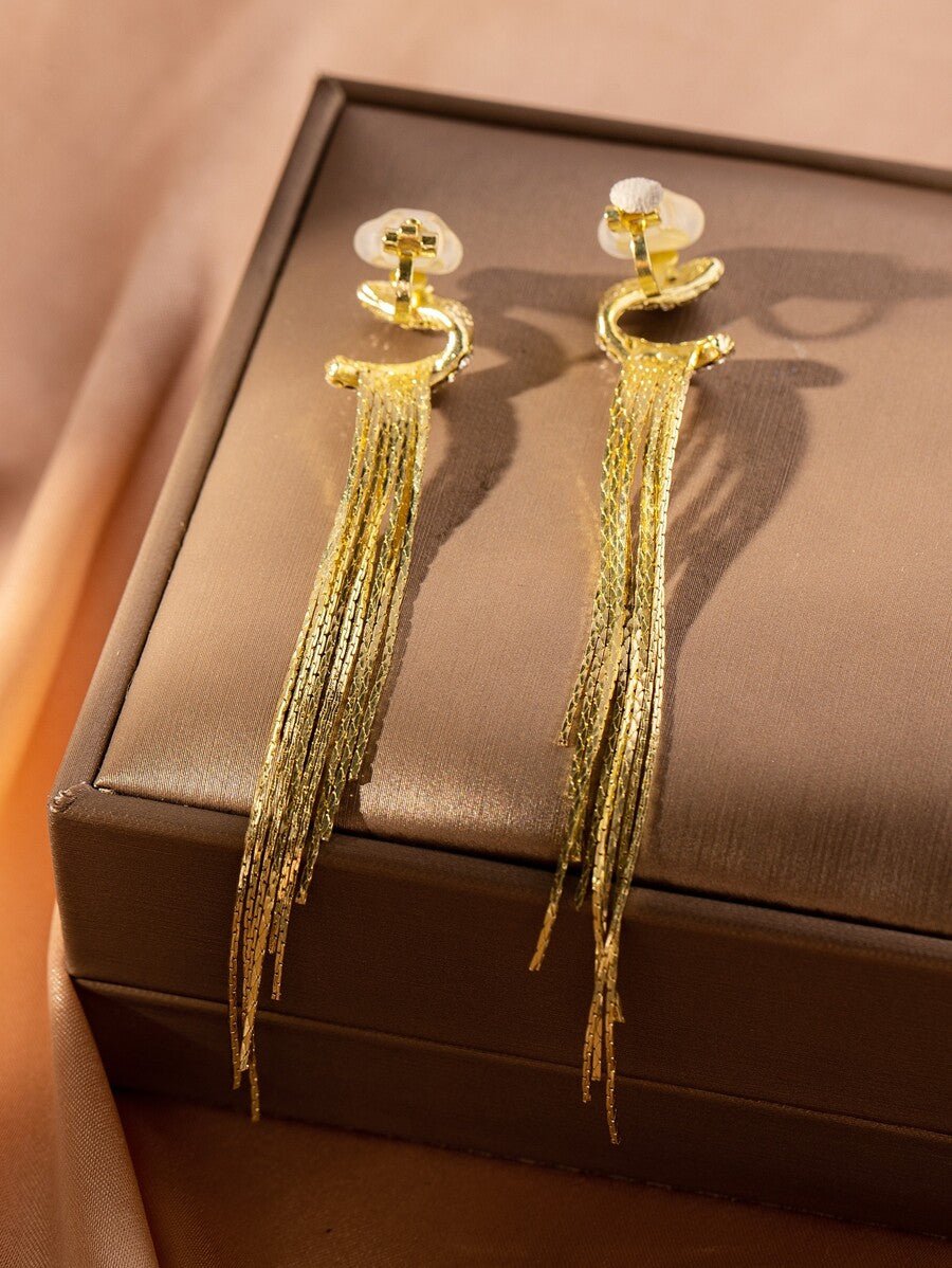 Silver Long Tassel & Rhinestone Clip-On Earrings – Elegant Non-Pierced Jewelry for Women’s Gift